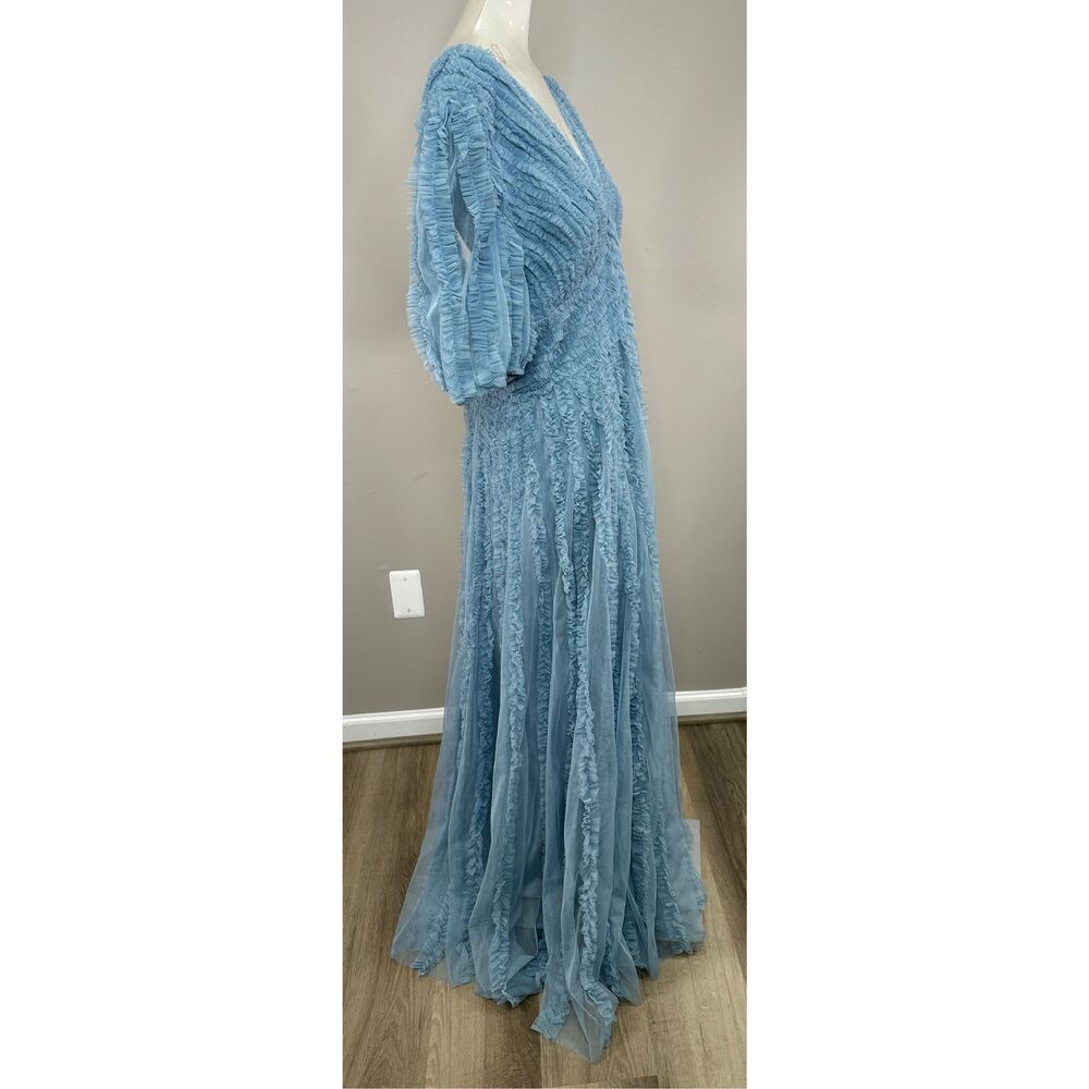 MAC DUGGAL Blue V Neck Puff Sleeve Ruffle Tiered A Line Gown Size 10 $598 - Picture 8 of 9